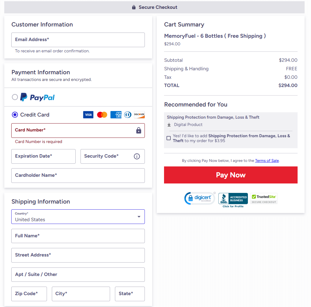 MemoryFuel secure checkout page